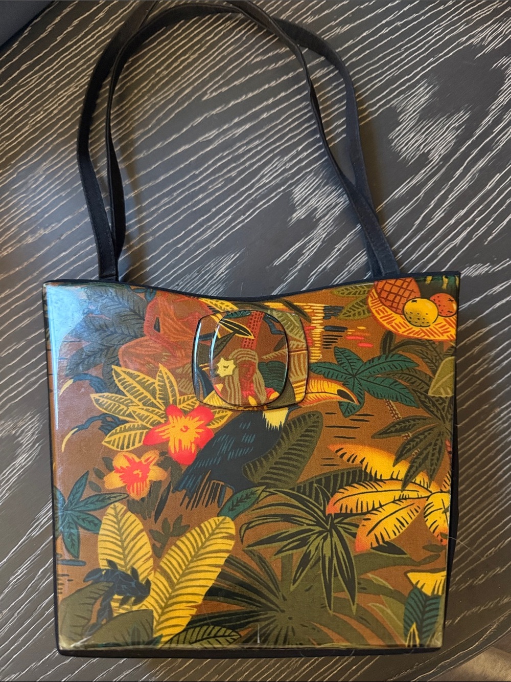 90’s Angela Frascone Small Toucan Tropical Print Resin Panel Tote Shoulder Bag